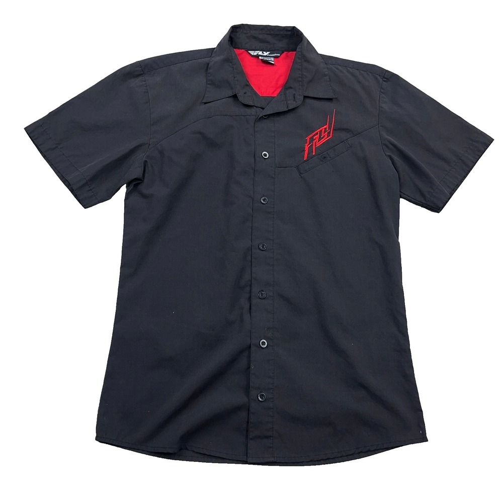 Fly Racing Shop Shirt Men Small Black Red Button Up Pit Crew Work Adult